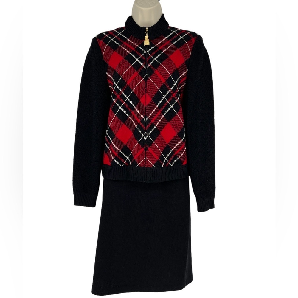 St. John Red and Black Plaid Skirt Suit